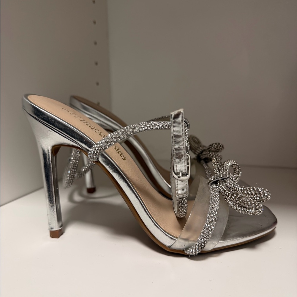 Silver Crystal Bow Stiletto Sandals - Women
